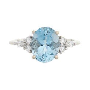 2.3Ct Oval Aquamarine Ring with Natural Diamond Accents in Solid 14K White Gold